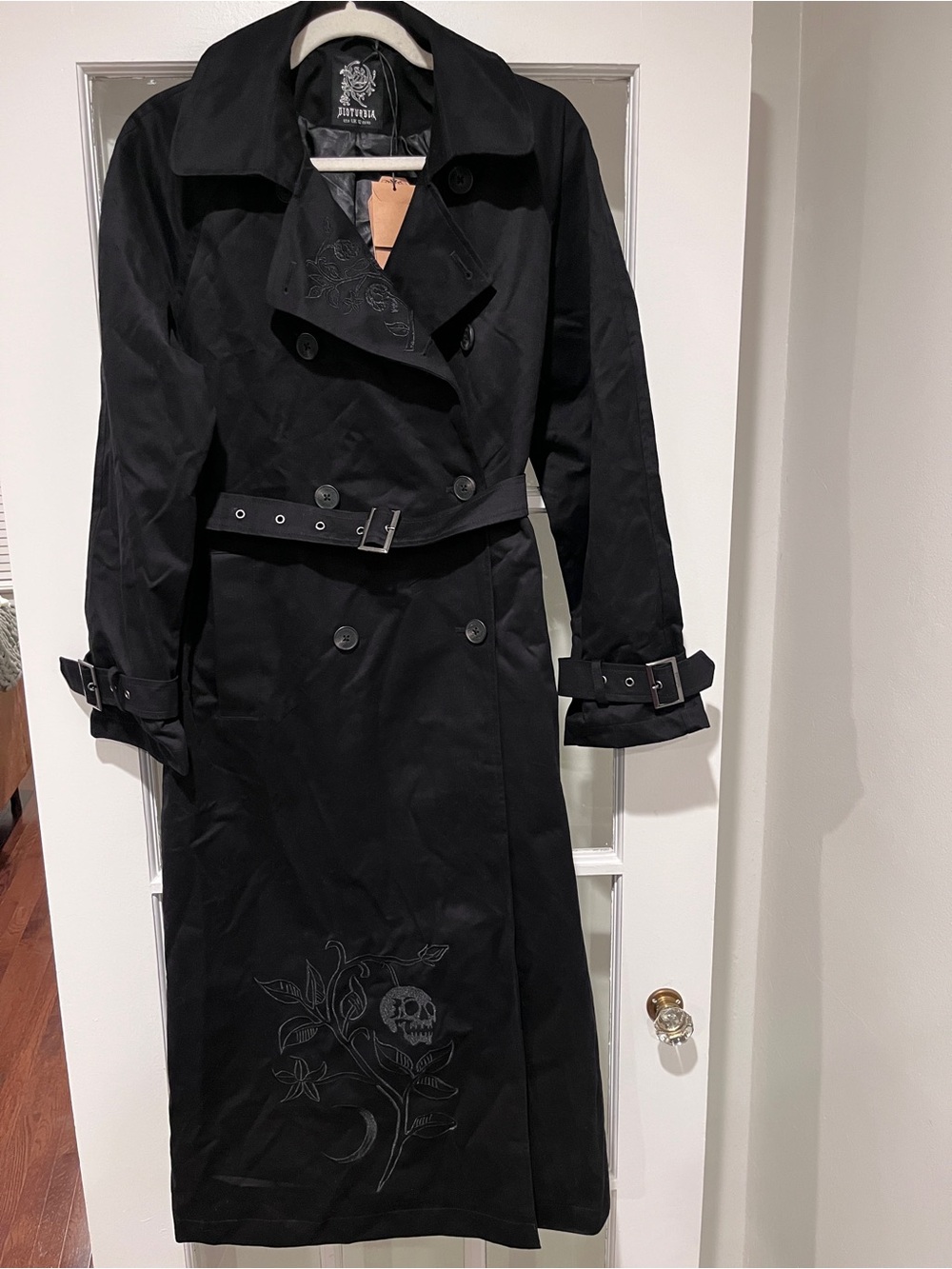 NWT Disturbia Poe Embroidered Black Belted Trench Coat Sz 8 Goth Grunge - Picture 8 of 15